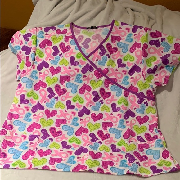 Just Love Tops - BNWOT Colorful Heart Cancer Rivbon Print Scrub Top by Just Love